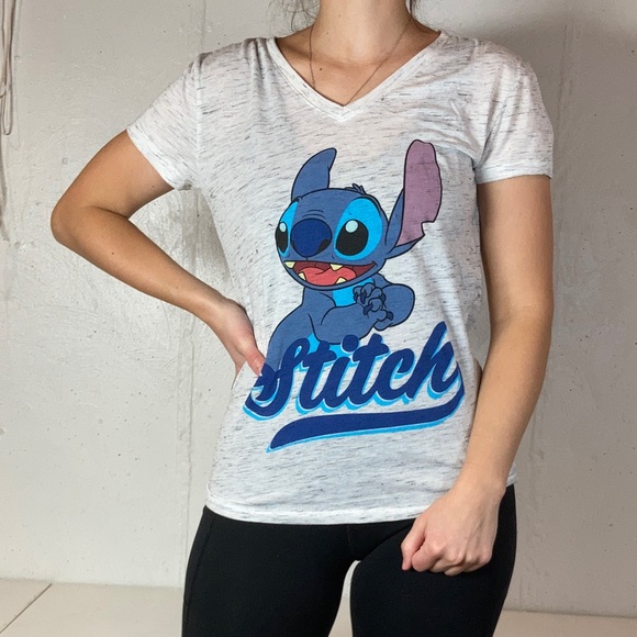 Heather Gray Lilo and Stitch Graphic V Neck Short Sleeve Tee Shirt - Picture 1 of 7